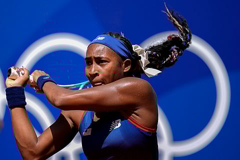 Coco Gauff of United States competes during  women's singles tennis match